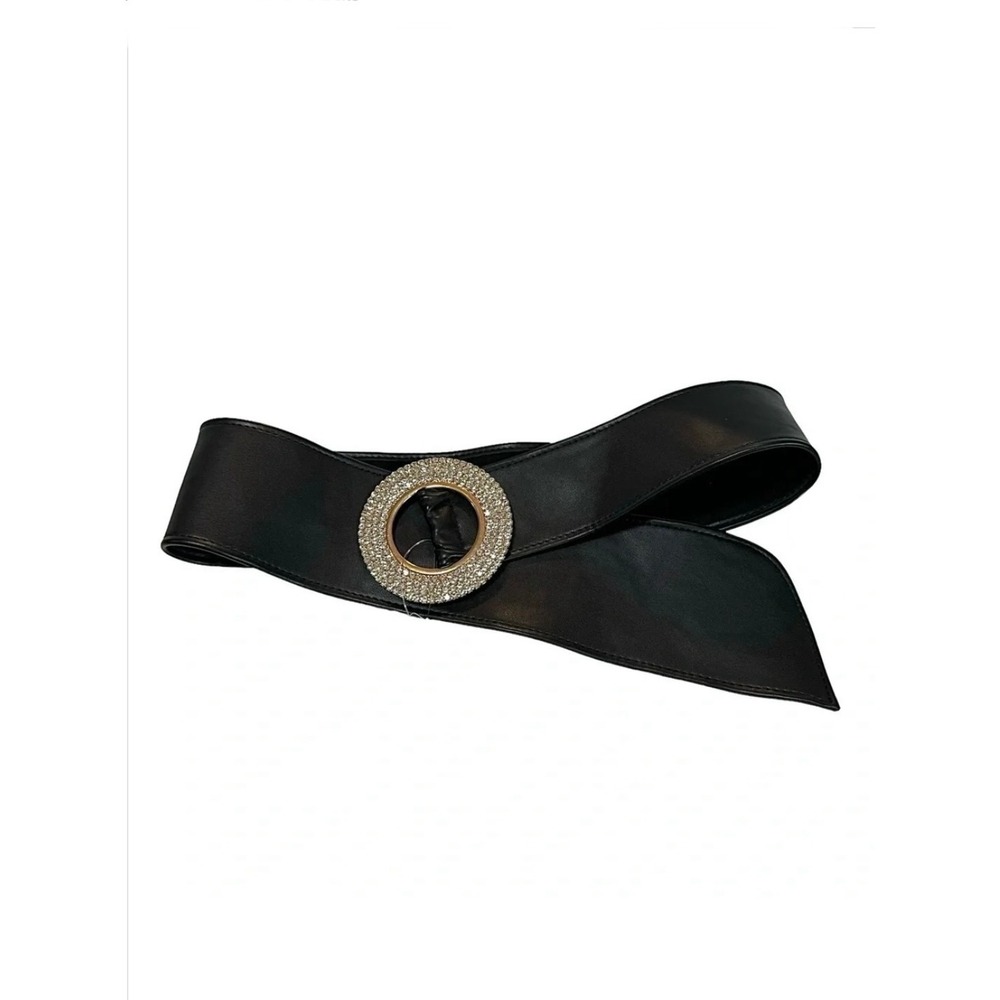 Black Faux Leather Wide Waist Rhinestone Circle Buckle Belt